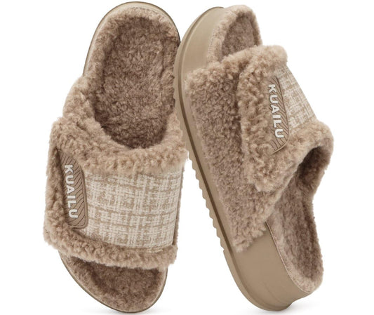 KuaiLu Cushion Slippers For Women with Orthopedic Arch Support Wide Adjustable Open Toe Platform Furry Fur Sandals Warm Teddy Fleece Recovery Slides Slip On House Shoes Indoor Outdoor, Beige US11
