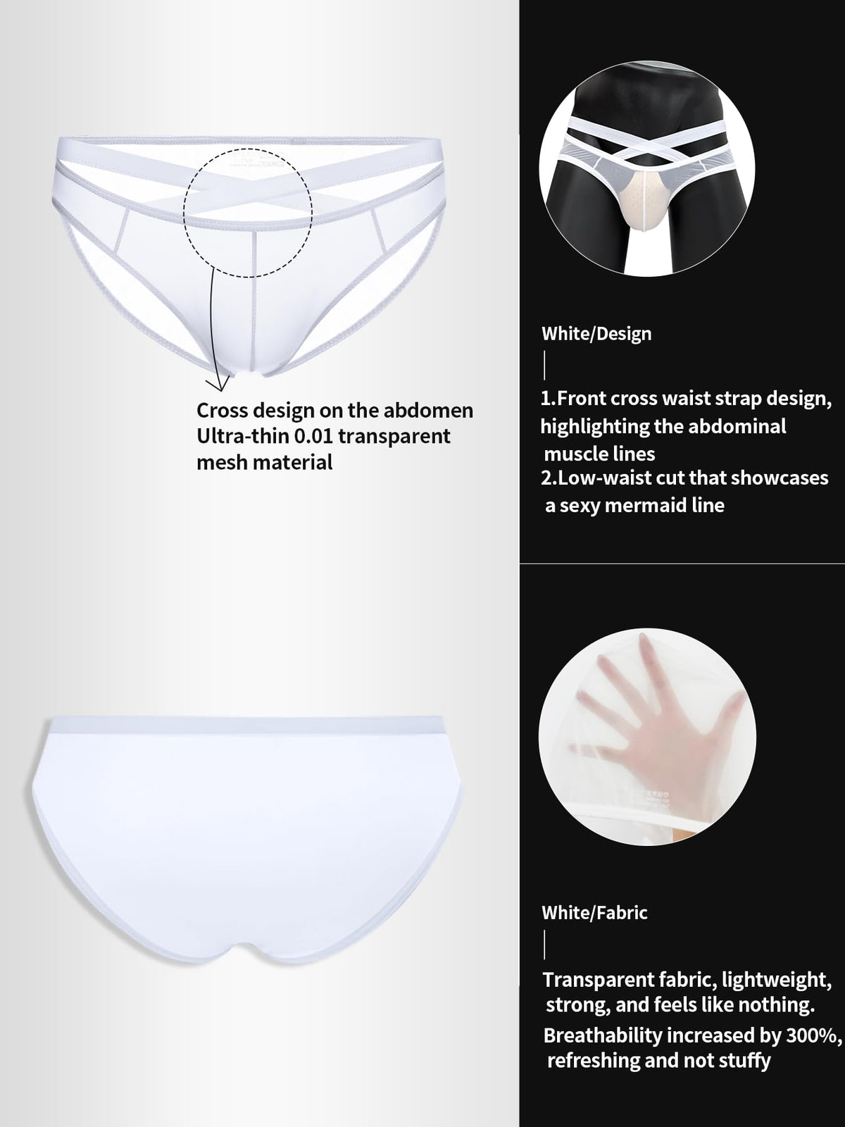 Men's Sheer Mesh Bikini Briefs, White,XL