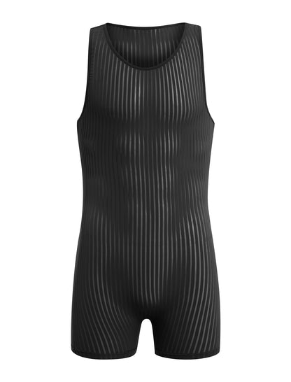 ABAFIP Men's Sexy Lingerie Bodysuit Stripe Mesh See Through Shorts Romper Sheer Underwear Black Medium