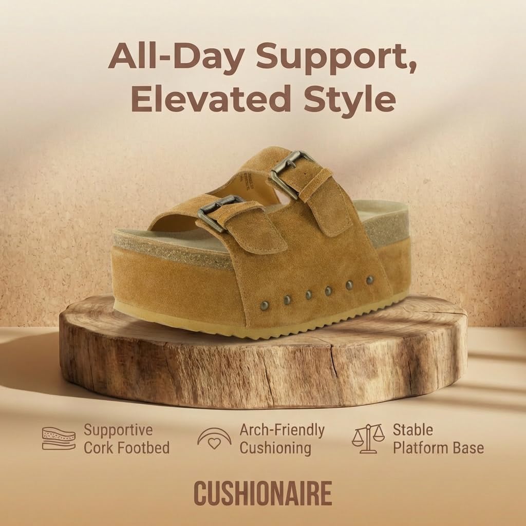 CUSHIONAIRE Guru Platform Sandals Women Footwear – Comfortable Genuine Leather Footbed Studded Chunky Slide Summer Sandals for Women 2026, CHESTNUT 8.5