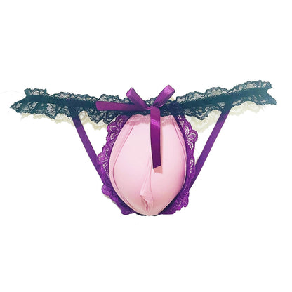Mens Lace Frilly Thong Underwear, Bulge Pouch Panties Sissy Lingerie For Men Femboy (US, Alpha, One Size, Regular, Regular, Purple)