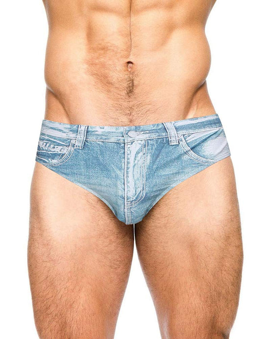 PJ PAUL JONES Men's Swimsuit Briefs Denim Print Swim Brief with Drawstring Waist Light Blue L