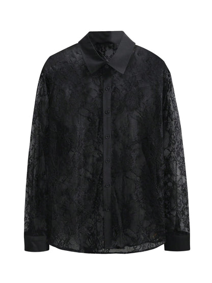 WDIRARA Men's Sexy Lace Button Down Shirts See Through Long Sleeve Collared Tops Party Clubwear Black X-Large
