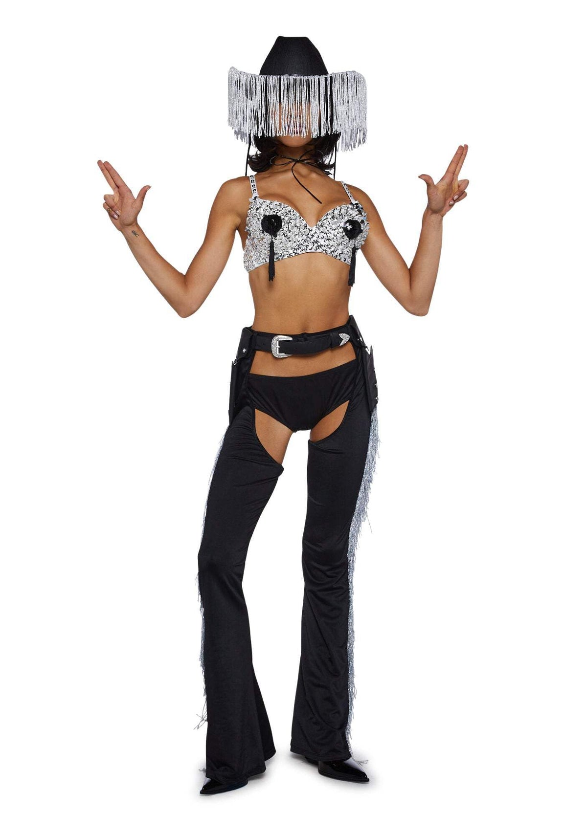 Dolls Kill Giddy Up Rhinestone Cowgirl Costume by Trickz N’ Treatz – Women’s Sequin Bra Top with Fringe Chaps & Hat, Black, Medium