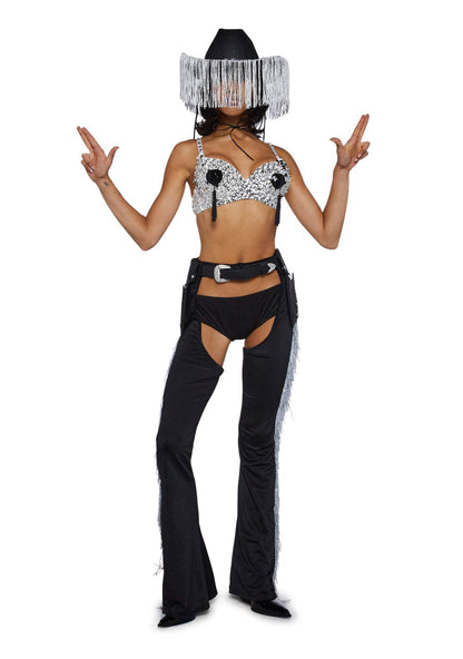 Dolls Kill Giddy Up Rhinestone Cowgirl Costume by Trickz N’ Treatz – Women’s Sequin Bra Top with Fringe Chaps & Hat, Black, Medium