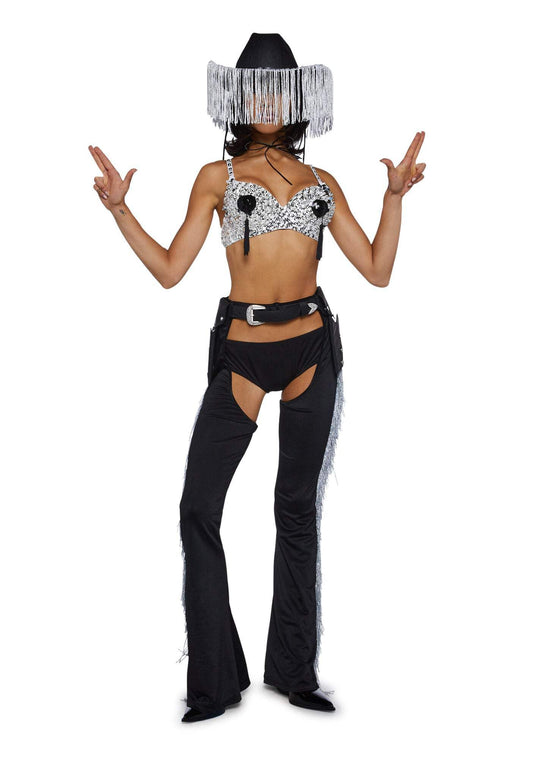 Dolls Kill Giddy Up Rhinestone Cowgirl Costume by Trickz N’ Treatz – Women’s Sequin Bra Top with Fringe Chaps & Hat, Black, Medium