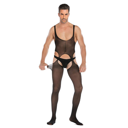 SINROYEE Men's Sheer Lace Lingerie Sissy clothes Sexy Tight Cut Out Elastic Nightgown One-piece Bodysuit (8)