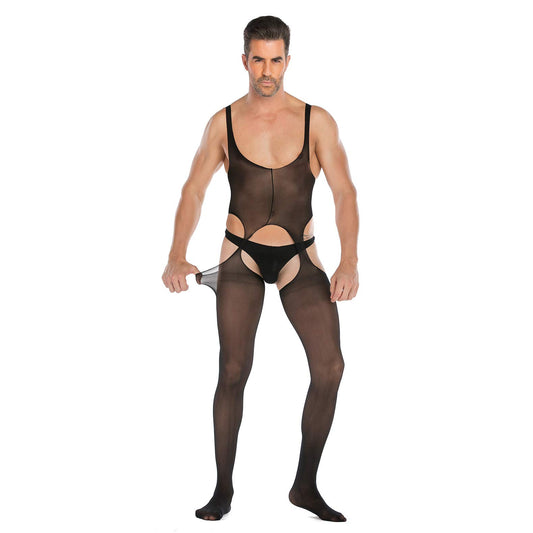 SINROYEE Men's Sheer Lace Lingerie Sissy clothes Sexy Tight Cut Out Elastic Nightgown One-piece Bodysuit (8)