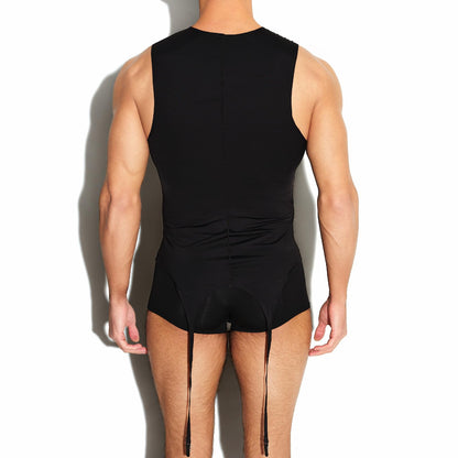 BSZN Men's Sexy Tank Top, Black Asymmetrical Eye Cutout Adjustable Suspender Hem Layerable High Stretch Slim Fit Gothic Punk Clubwear