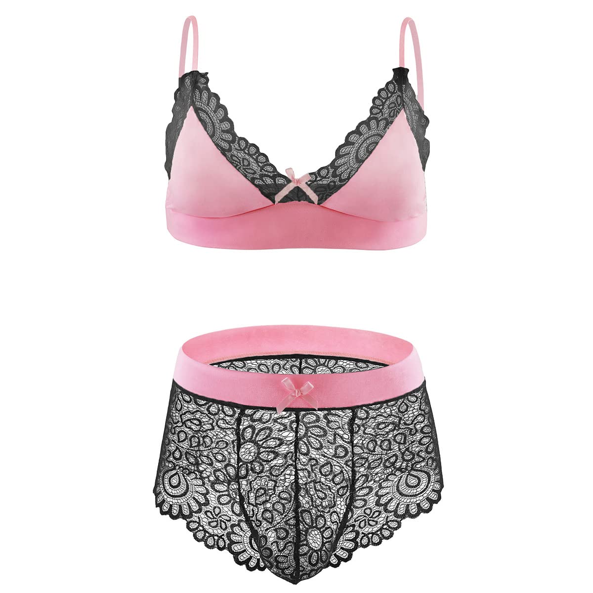 Men Sissy Underwear Floral Lace Bra Bikini Panties Bowknot Stockings 3 Piece Nightwear Sleepwear set Black + Pink X-Large