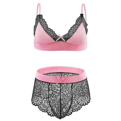 Men Sissy Underwear Floral Lace Bra Bikini Panties Bowknot Stockings 3 Piece Nightwear Sleepwear set Black + Pink X-Large