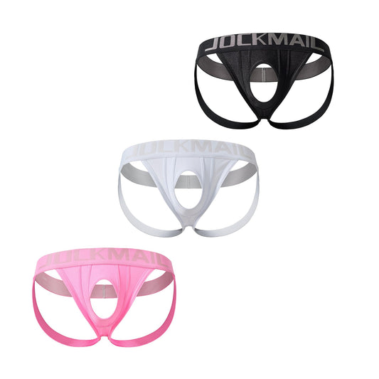 JOCKMAIL 3 Pack Cutout Jock straps for Men Comfort Men's Jockstrap Low Rise Athletic Supporter for Parties & Nightlife (US, Alpha, XX-Large, Regular, Regular, BLACK+WHITE+PINK)