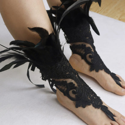 Women Black Lace Feather Gloves Witch Angel Costume Accessories Swan Wings Wrist Bands