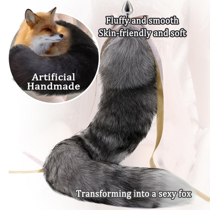 Butt Plug Fox Tail,Silver Blue Artificial Handmade Fox Tail,SM Props, Stainless Steel Anal Plug,Female Anal Expander,Cosplay Sex Toys-200CM Tail||2.8CM Butt Plug