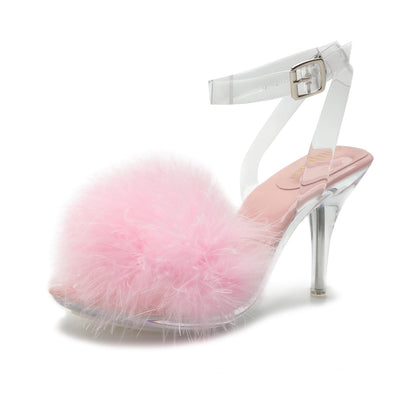 Femboy - Sissy -Fuzzy Clear Heels Ankle StrapStilettos Heels Mules Sandals Fluffy Feather Slip On High Heeled Party Prom Dresses ShoesPink-42 US10