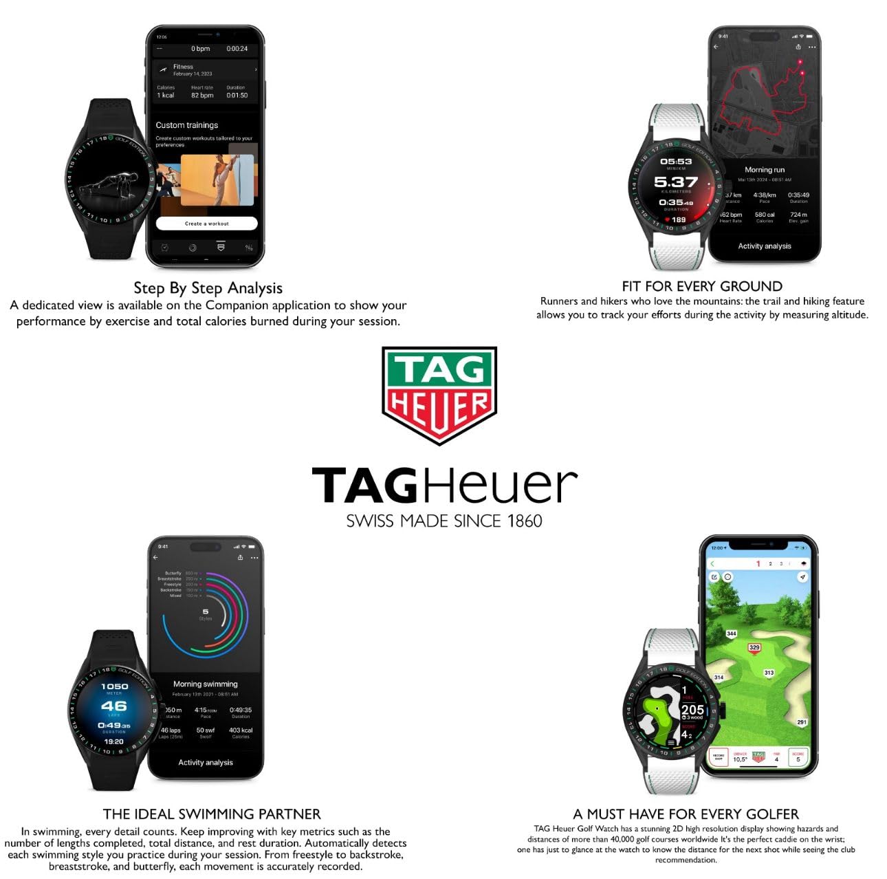 TAG Heuer Smart Watch, Fitness Watch, Connected Calibre E4 45 mm Golf Edition, Touch Screen, Waterproof, Calls, SMS, Steps, Heart Rate, Wellness, Titanium, White Or Black/Green Straps, SBR8A81.EB0251