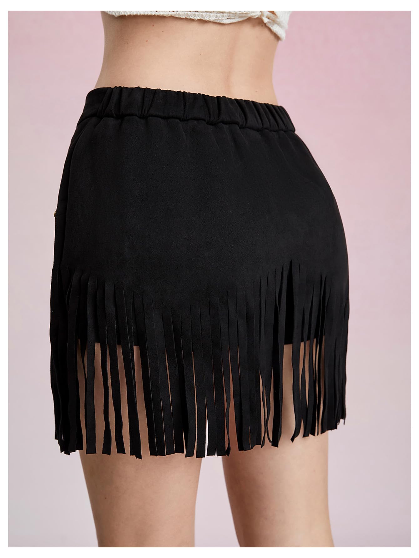 Women's Suede Fringe Sexy Cowgirl Skirts Country Concert Outfit Western High Waisted Skirt Black Small
