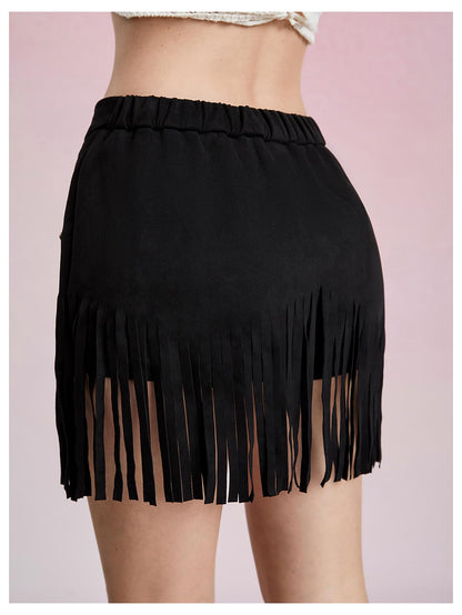 Women's Suede Fringe Sexy Cowgirl Skirts Country Concert Outfit Western High Waisted Skirt Black Small