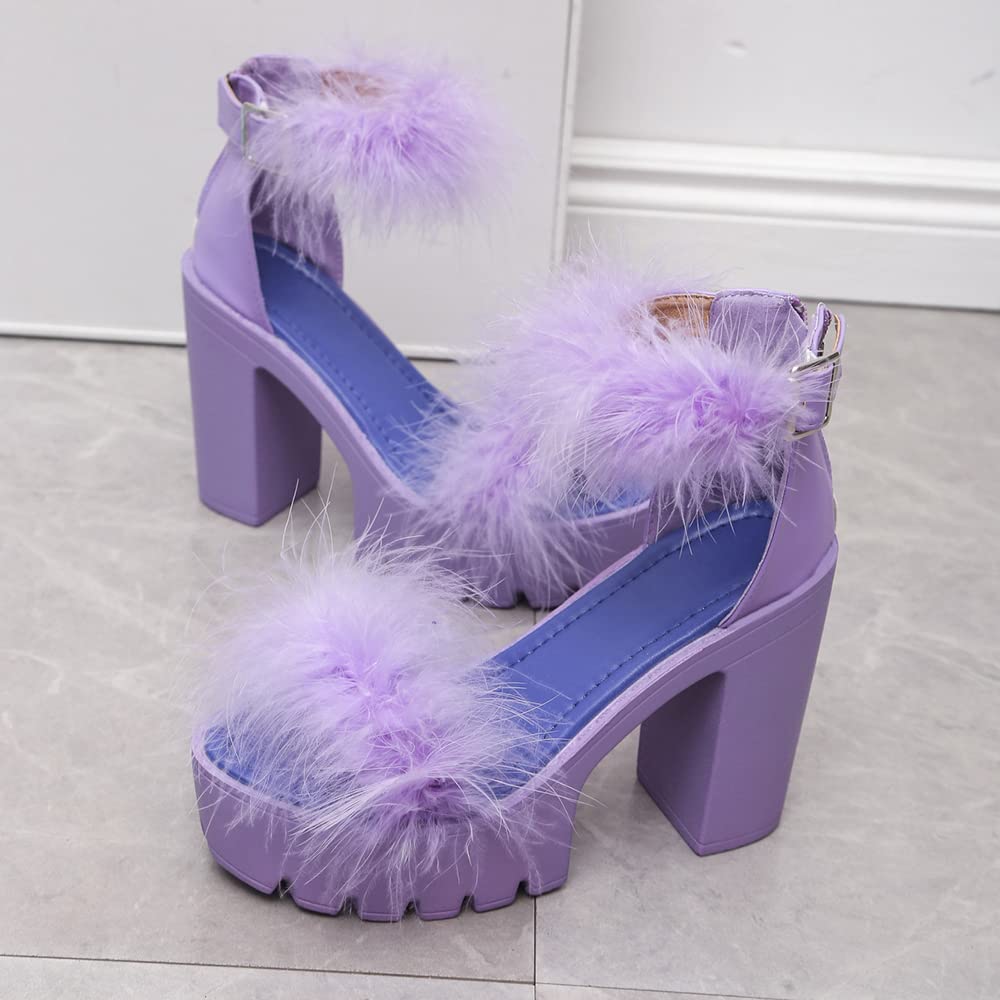Women'S Faux Fur Chunky Heel Sandals Platform Open Toe Fuzzy Ankle Strap Sexy Colorful Wedding Dress Heels(Purple,8