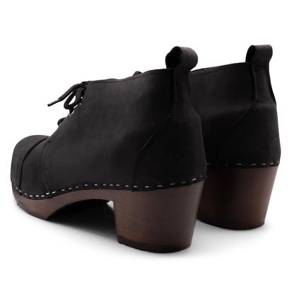 Sandgrens Handmade Swedish Wood Clogs for Women, High Heel Boots US 7 | Chukka Cap Toe Black DK, EU 38