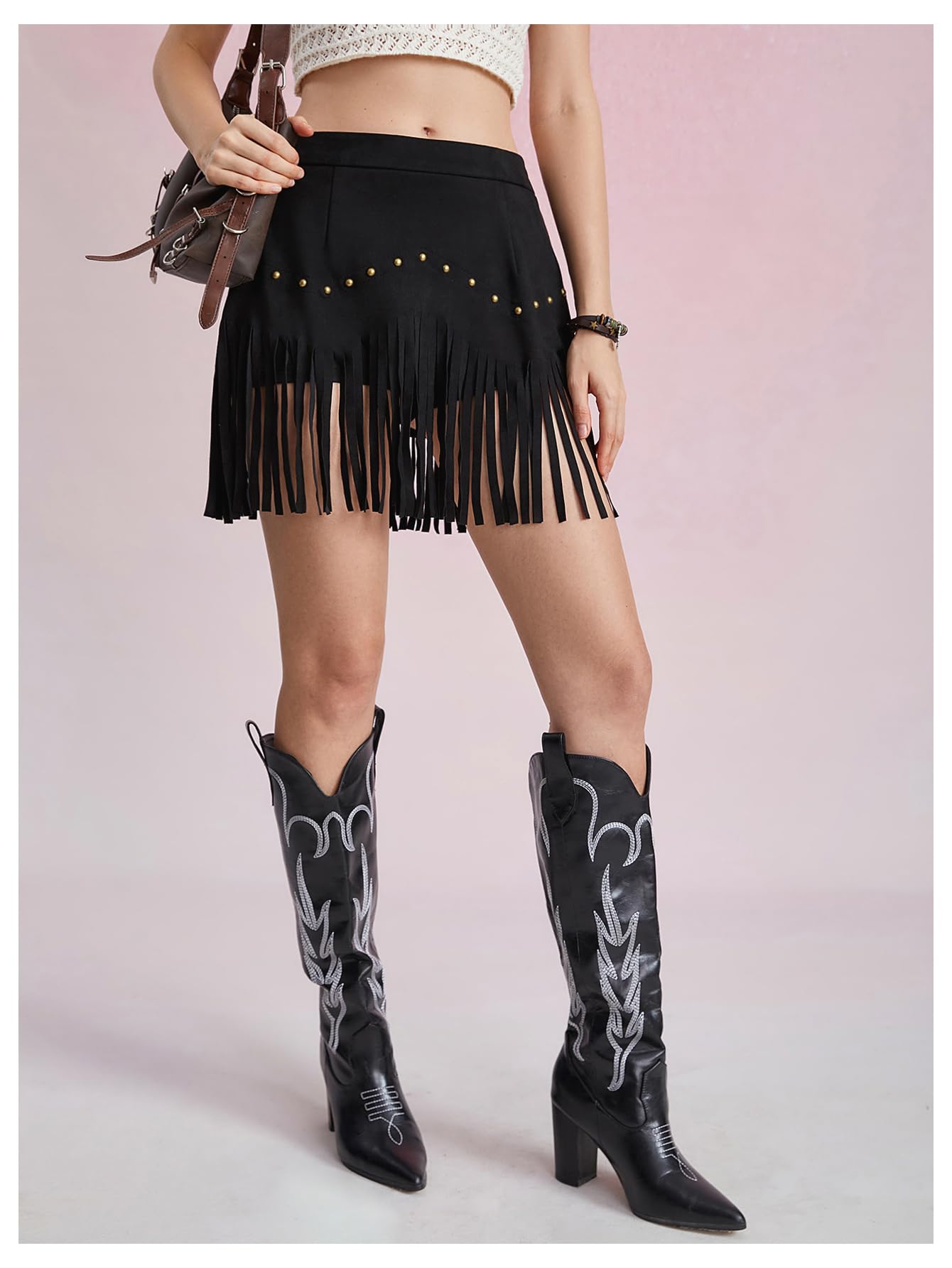 Women's Suede Fringe Sexy Cowgirl Skirts Country Concert Outfit Western High Waisted Skirt Black Small