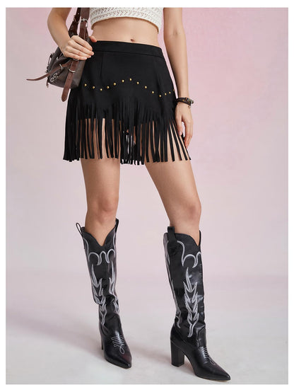 Women's Suede Fringe Sexy Cowgirl Skirts Country Concert Outfit Western High Waisted Skirt Black Small