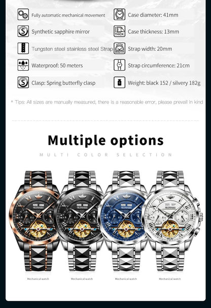 OUPINKE Watches for Men Automatic Skeleton Mechanical Luxury Cratch-Resistant Sapphire Mirror Tungsten Steel Strap Luminous Waterproof Calendar Wrist Watch Silver White