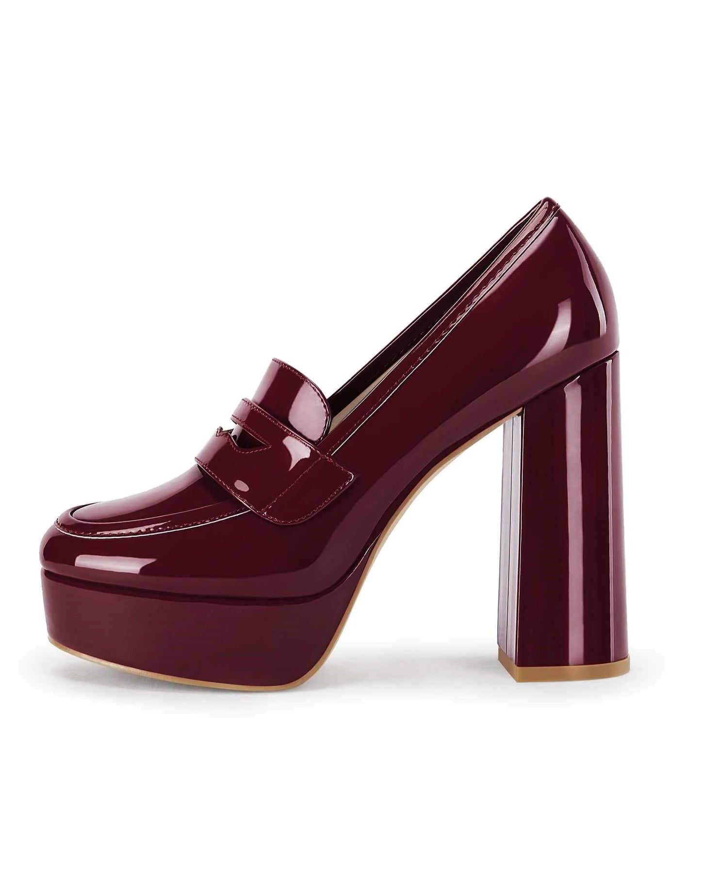 Womens Platform Heels Loafers Chunky High Heel Closed Toe Patent Leather Shoes Penny Loafer Business Dress Work Pumps Burgundy