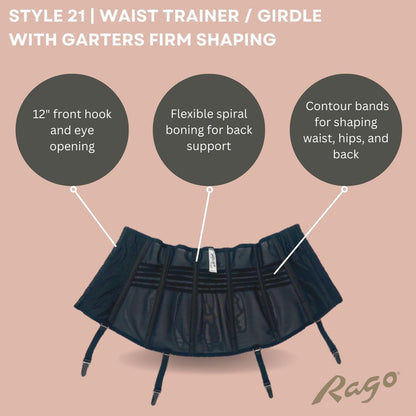 Rago Style 21 Waist Trainer Girdle with Garters | Firm Control Power Net | Made in USA | Contour Bands + Flexible Boning | Black / 2X/34