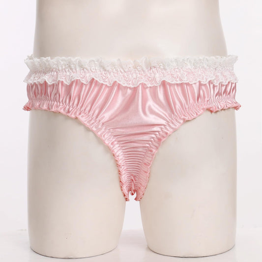 Men's Satin Frilly Lace Trim Sissy Bowknot Thong Panties Elastic Waist G-string Briefs Underwear Pink XX-Large