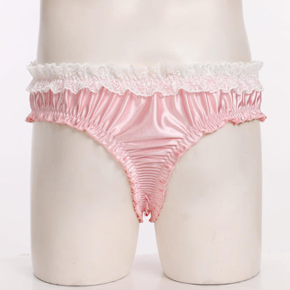 Men's Satin Thong Sissy Panties,Silky Crossdresser Lingerie Lace Bowknot Femboy Underwear