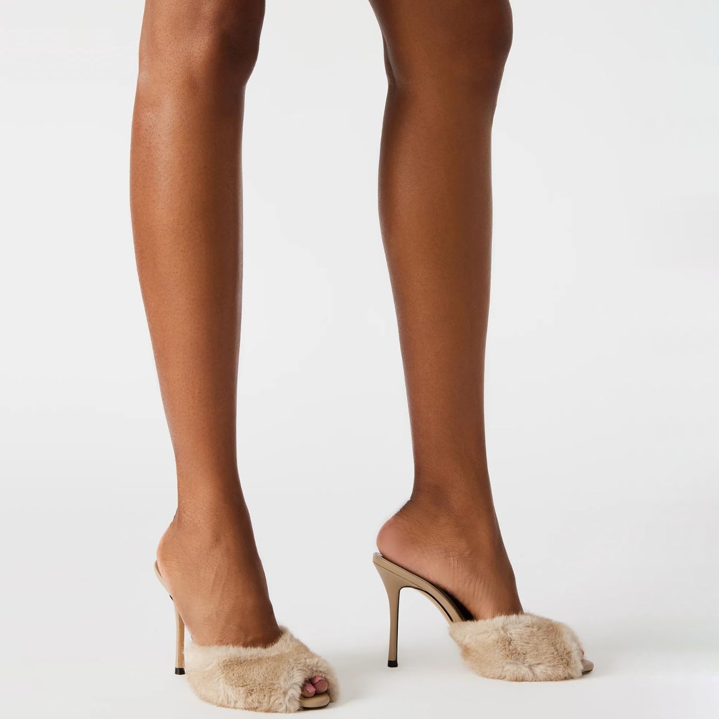 Women's Faux Fur Heeled Sandals Furry Peep Toe Mules Slip on Stiletto High Heels Dress Sexy Slide Sandals