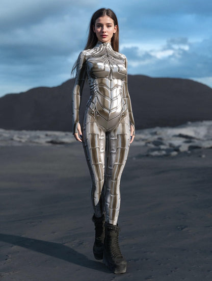 Silver Armor Print Bodysuit for Women Full Body Metallic Sci-Fi Jumpsuit Long Sleeve Stretch Cosplay Costume (HX116, XL)
