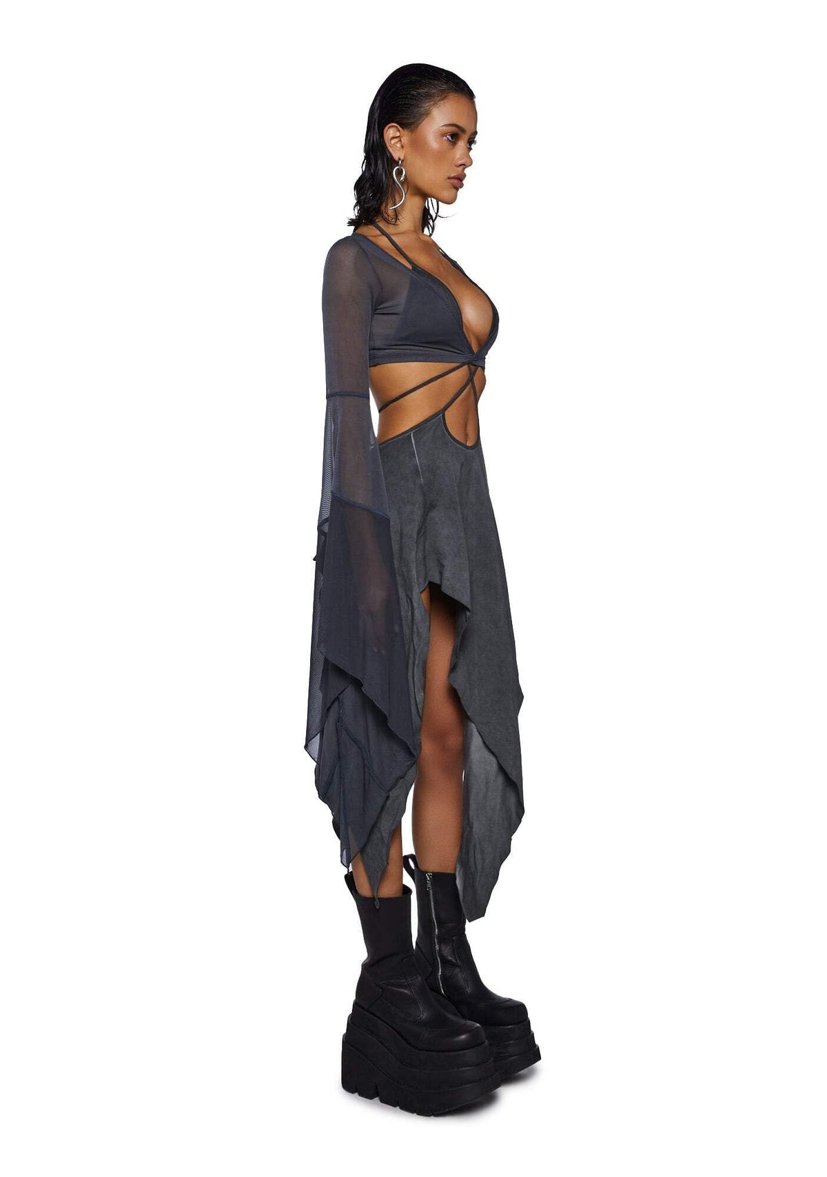 Dolls Kill Echo Asymmetrical Mesh Wrap Dress by Darker WAVS, Dark Gray, Large