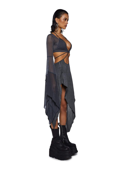 Dolls Kill Echo Asymmetrical Mesh Wrap Dress by Darker WAVS, Dark Gray, Large
