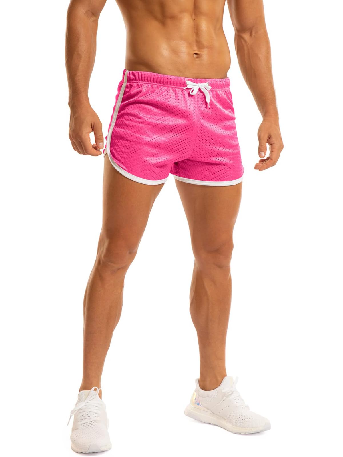 Ouber Men's Fitted Shorts Bodybuilding Workout Gym Running Tight Lifting Shorts (Pink, Medium)