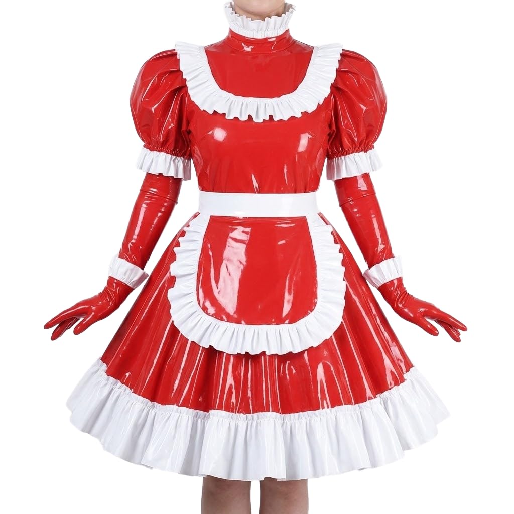 Sissy Crossdresser Ruffle Maid Wetlook Puff Short Sleeve Dress Lockable-  Cosplay Outfit Pink