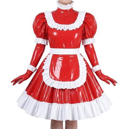 Sissy Crossdresser Ruffle Maid Wetlook Puff Short Sleeve Dress Lockable-  Cosplay Outfit Pink