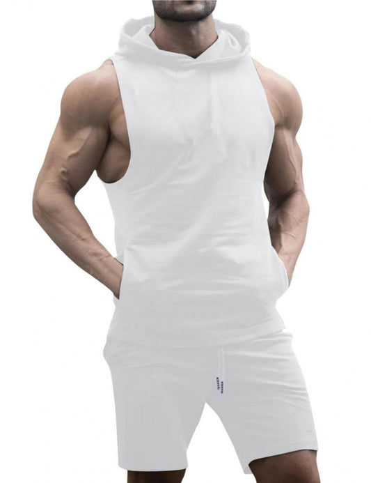 TURETRENDY Men's Tracksuit 2 Piece Sleeveless Hooded Workout Tank Top and Shorts Casual Athletic Sports Hoodie Shorts Set White S