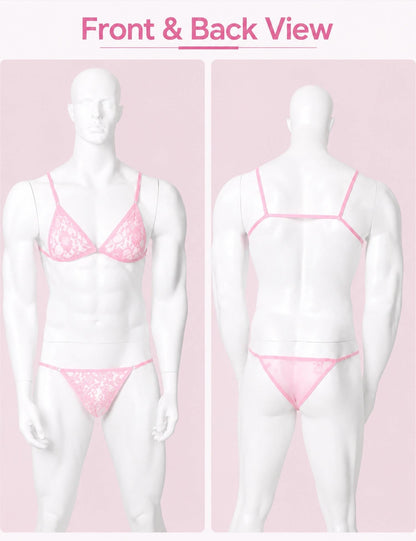 Sissy Lace Bra with Thong Lingeire Set，S-XXL Pink