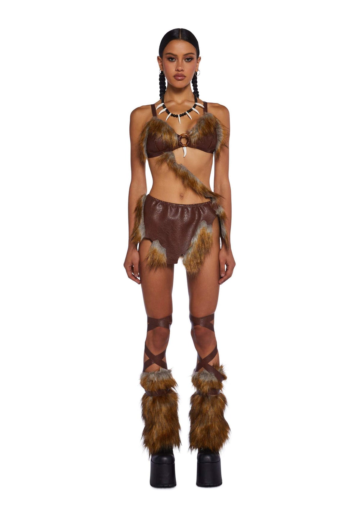 Dolls Kill B.C. Babe Costume Set by Trickz N’ Treatz – Women’s Faux Fur Trim Vegan Leather Top with Skirt, Leg Warmers & Necklace, Brown, Medium