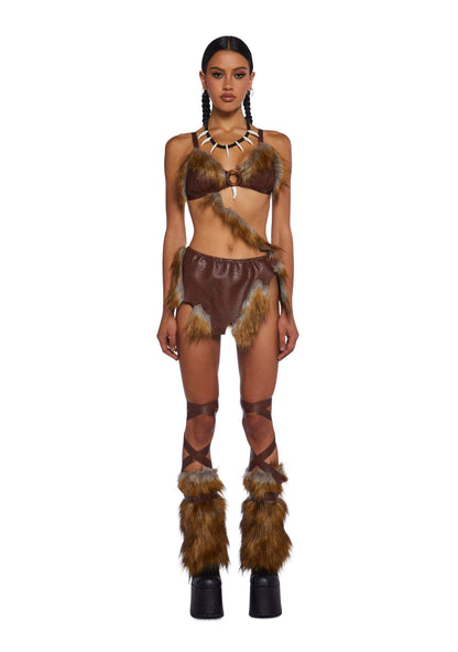 Dolls Kill B.C. Babe Costume Set by Trickz N’ Treatz – Women’s Faux Fur Trim Vegan Leather Top with Skirt, Leg Warmers & Necklace, Brown, Medium