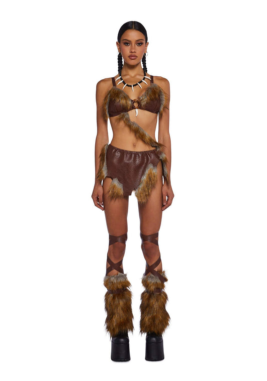 Dolls Kill B.C. Babe Costume Set by Trickz N’ Treatz – Women’s Faux Fur Trim Vegan Leather Top with Skirt, Leg Warmers & Necklace, Brown, Medium