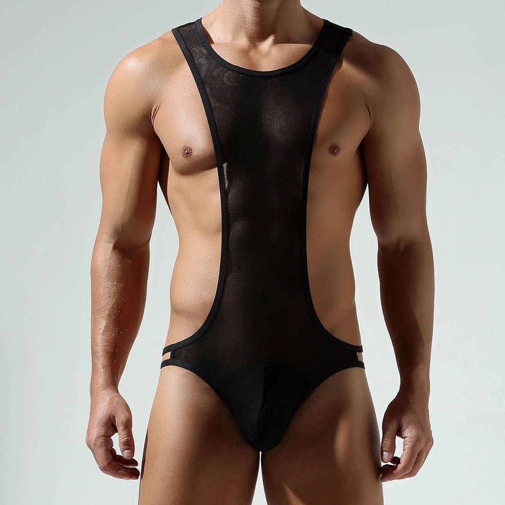 JOCKMAIL Men's Sexy Leotard Bodysuit Thong Hanging Neck Integrated Jumpsuit Underwear Thong Underwear Swimsuit Swimwear (Black, XL)