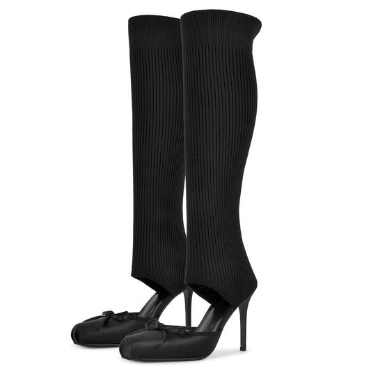 Women's Black Satin Ballet Heel Sock Boots, Ribbed Knit Knee High Stiletto Boots with Bow, Elastic Wide Calf Gladiator Sandals for Women Closed Square Toe Ballerina Shoes Elegant Size 6