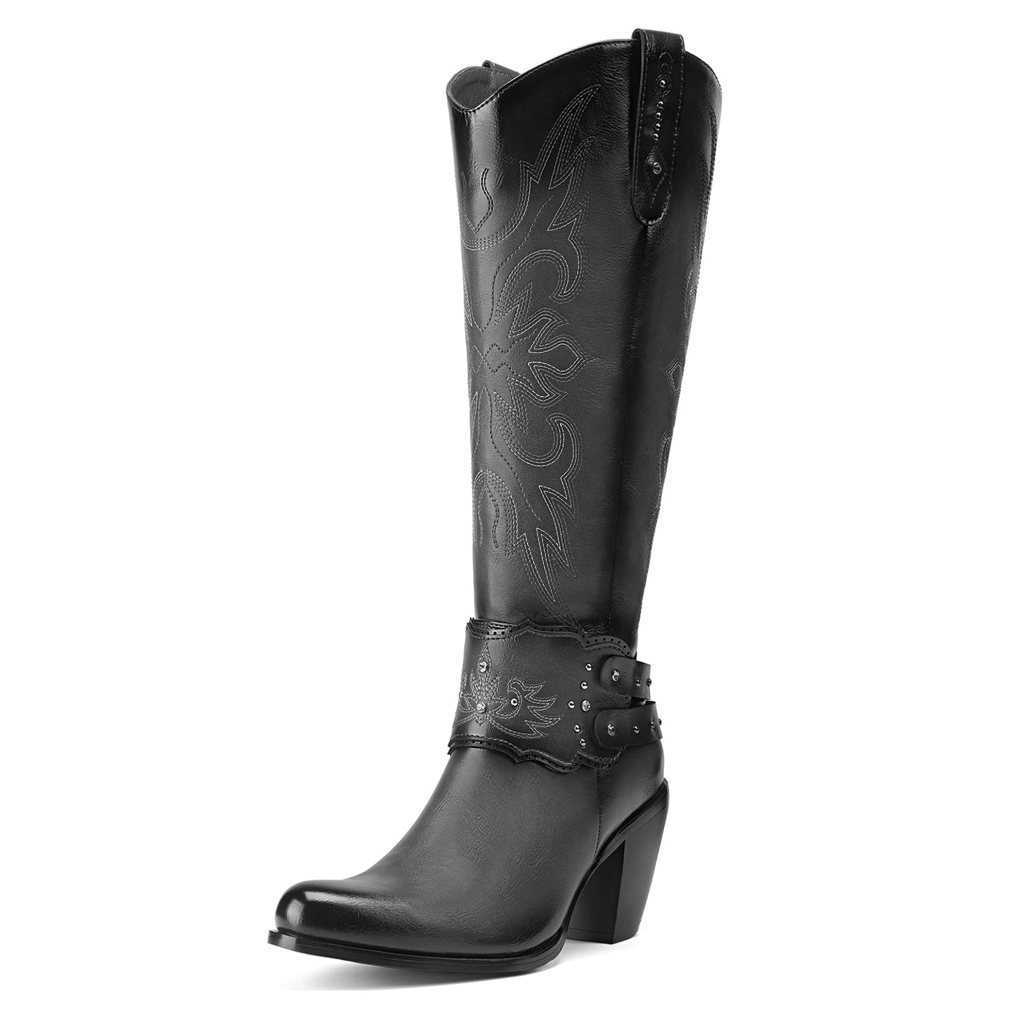 Cowboy Boots for Women, Cowgirl Boots Knee High, Ladies Tall Western Boots Rounded Toe Chunky Heel Pull on Zipper for Country Concert Party Women Boots Black Size 9