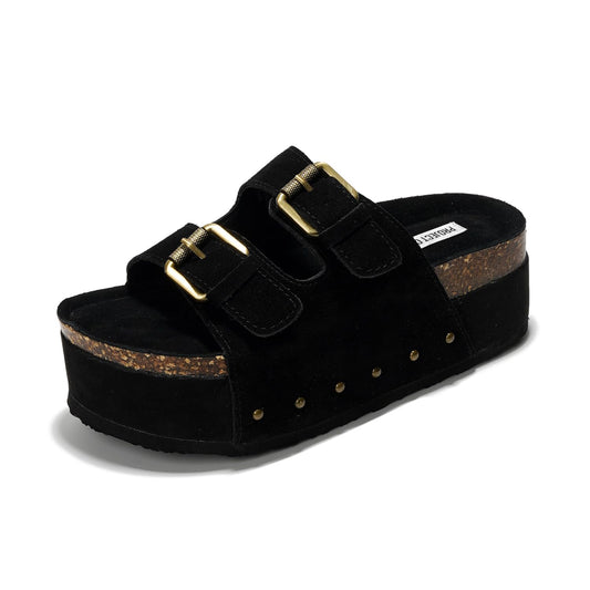 Project Cloud 100% Genuine Leather Platform Sandals Women - Memory Foam Insole with Two-Buckle - Non-Slip and Comfortable Wedge Sandals for Women 2026 (Oliy, BLK, 8.5)