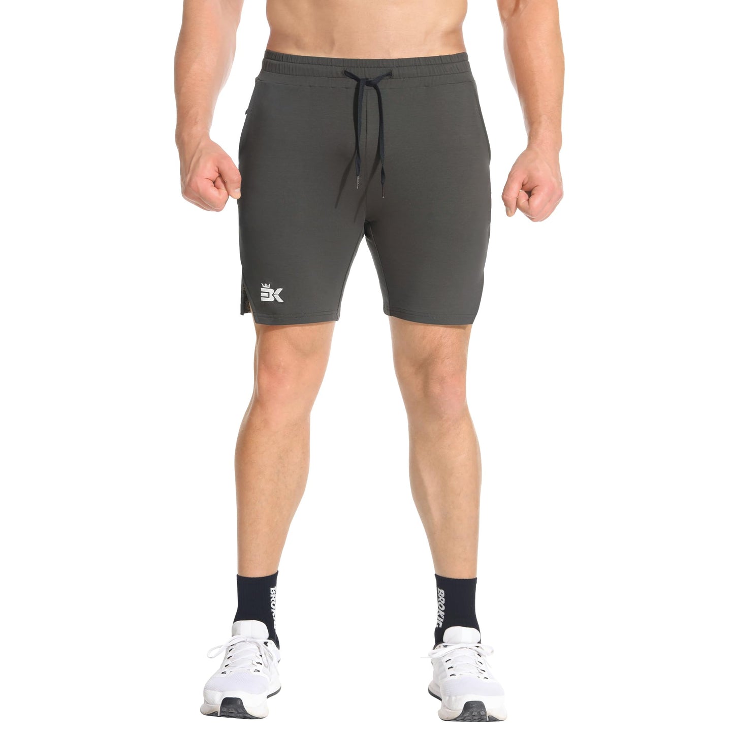 BROKIG Men's Airstretch Gym Shorts,5 Inch Slim Fit Running Exercise Athletic Workout Shorts for Men with Zipper Pockets(Oliver Grey,Medium)