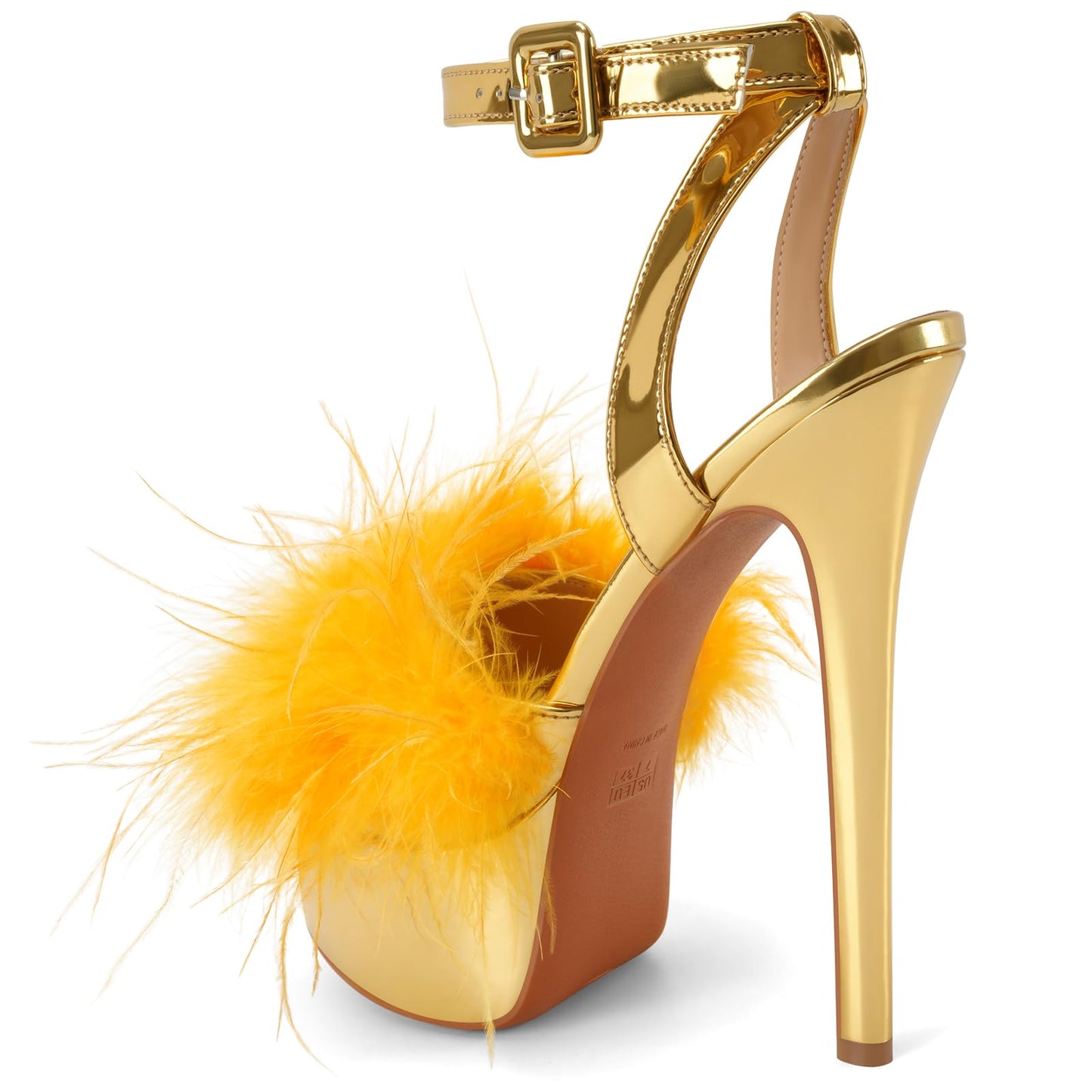 Women’s Ankle Strap Platform Fluffy Sandals High Stiletto Strappy Open Toe Sexy Fuzzy Heels(Gold,8)