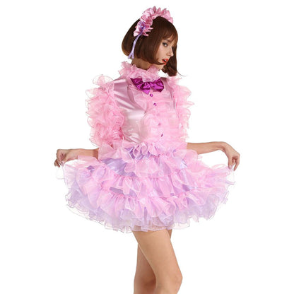 Women Sissy Maid Half Sleeve Lockable Puffy Pink Dress Uniform Crossdress (Medium)